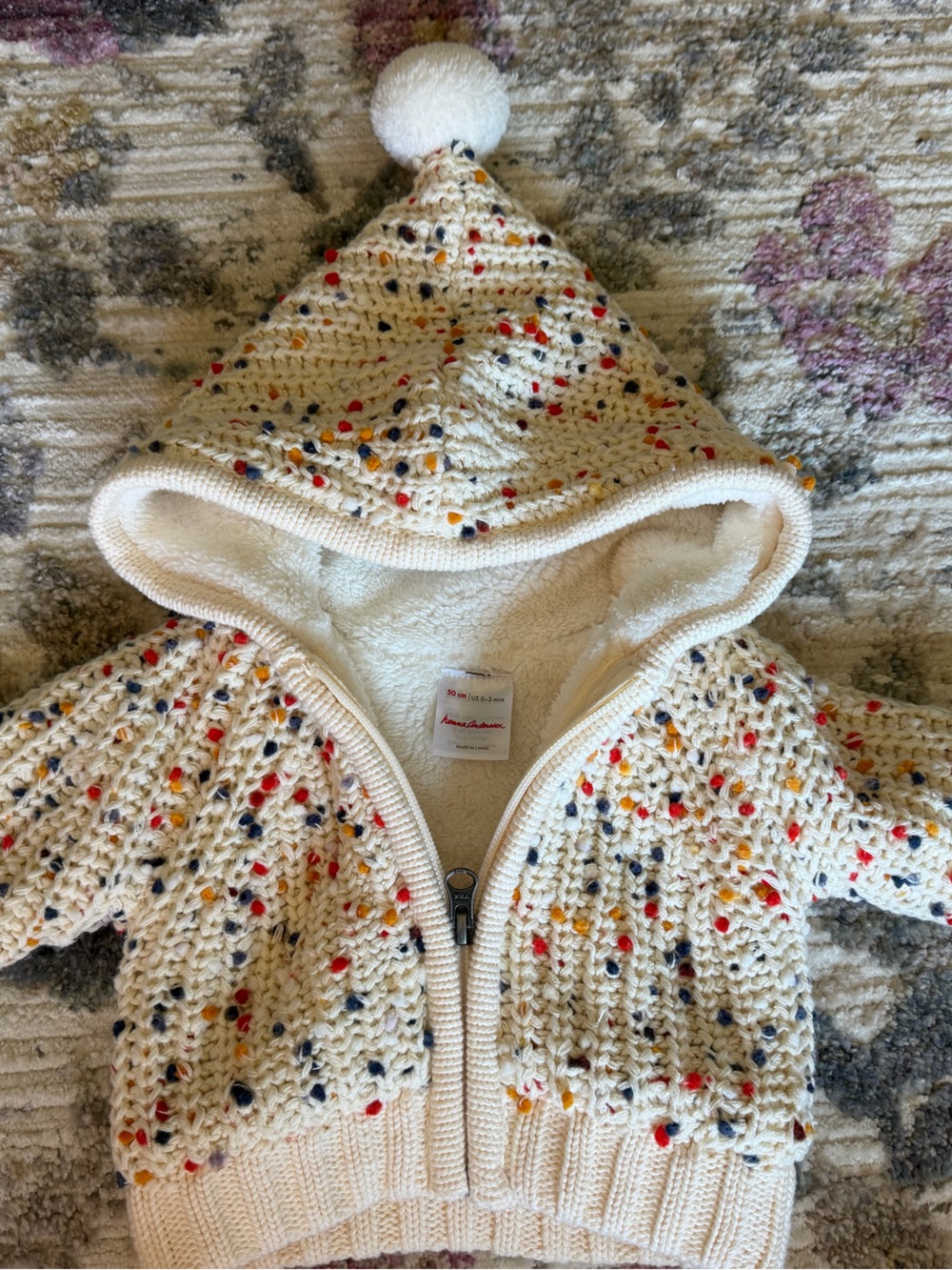 Hanna Andersson Cream Speckled Knit Hooded Baby Jacket with Pom Pom